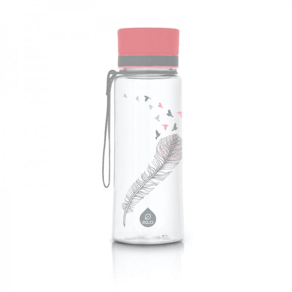 EQUA Trinkflasche aus BPA freiem hochwertigem Eastman Tritan Kunststoff - fasst 600ml - mit verträumtem Birds Print - Feder mit kleinen Vögeln die davon fliegen.