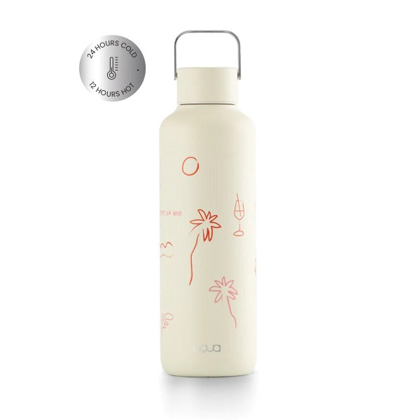 Thermos Trinkflasche aus hochwertigem doppelt vakuum isoliertem Edelstahl. Hält Getränke bis zu 24 Stunden kalt oder 12 Stunden heiss. Mit tollem C'est la Vie Sommer Sujet. Der pefekte Standbegleiter.