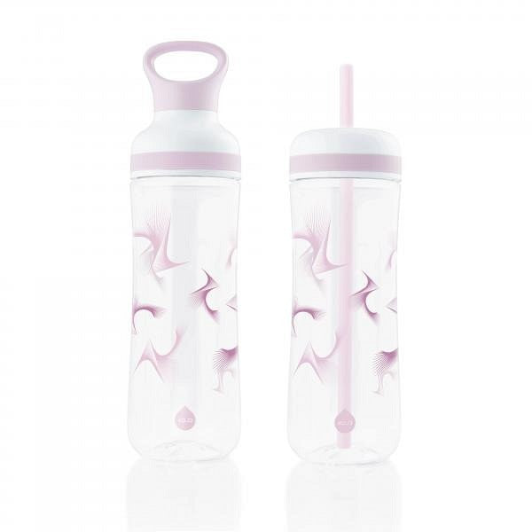 Transparente sportliche Trinkflasche mit zusätzlichem Smoothie Deckel und Trinkhalm (two in one). Hochwertiger Kunststoff BPA frei Eastman Tritan bruchsicher. Auslaufsicher. Mit Tragegriff oben. Transparent mit lila Grafik Aufdruck. Leicht und vielseitig einsetzbar. Hergestellt in Österreich.