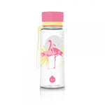 EQUA Trinkflasche aus BPA freiem hochwertigem Eastman Tritan Kunststoff - fasst 600ml - im Kinder Design mit Elephanten - mit Deckel und Bändel in lila, rosa und grau.