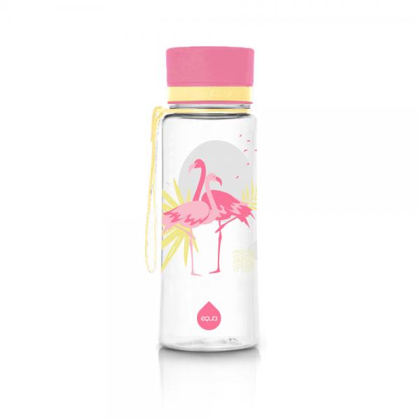 EQUA Trinkflasche aus BPA freiem hochwertigem Eastman Tritan Kunststoff - fasst 600ml - im Kinder Design mit Elephanten - mit Deckel und Bändel in lila, rosa und grau.