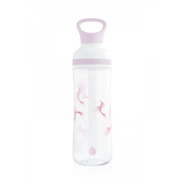 Transparente sportliche Trinkflasche mit pastell lila Grafik print. Hochwertiger Kunststoff BPA frei Eastman Tritan bruchsicher. Auslaufsicher. Mit Tragegriff oben. Leicht und vielseitig einsetzbar. Hergestellt in Österreich.