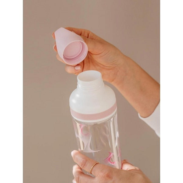 sportliche 800ml Tritan Kunststoff Flasche leicht und praktisch. Print Grafik lilafaben. Flasche transparent. mit praktischem Tragegriff oben.