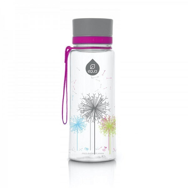 EQUA Trinkflasche aus BPA freiem hochwertigem Eastman Tritan Kunststoff - fasst 600ml - mit verträumtem Dandelion/Pusteblumen Design - mit Deckel und Bändel in Fuchsia-