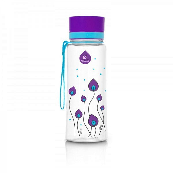 EQUA Trinkflasche aus BPA freiem hochwertigem Eastman Tritan Kunststoff - fasst 600ml - mit Fantasie Pflanzen dunkelviolett - mit Deckel und Bändel in violett