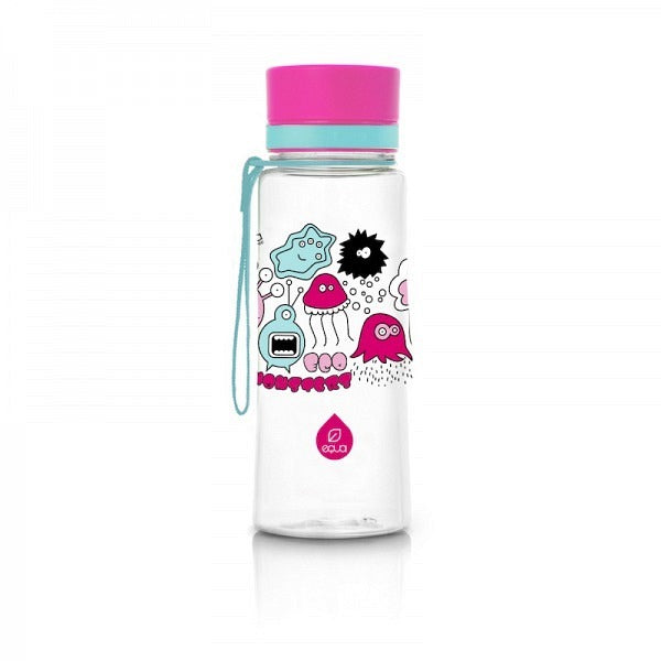 EQUA Trinkflasche aus BPA freiem hochwertigem Eastman Tritan Kunststoff - fasst 600ml - im Kinder Monster Design - mit Deckel und Bändel in pink.