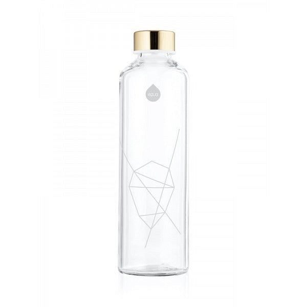 Transparente ultra klare Trinkflasche Glas mit weissem Diamantmuster aufgedruckt.