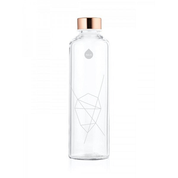 Transparente ultra klare Trinkflasche Glas mit weissem Diamantmuster aufgedruckt.