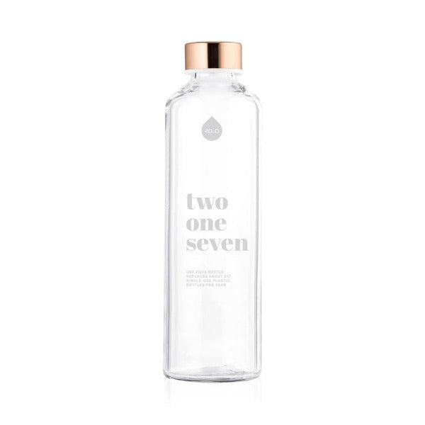 In der Schutzhülle befindet sich die unbedruckte Trinkflasche aus ultra klarem Borosilikatglas mit Aufdruck 217 in weiss.