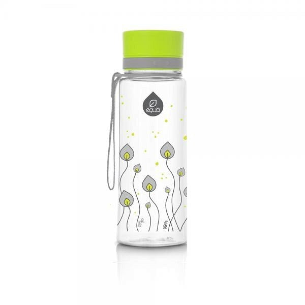 EQUA Trinkflasche aus BPA freiem hochwertigem Eastman Tritan Kunststoff - fasst 400ml - mit Fantasie Pflanzen in leuchtendem hellgrün - mit Deckel und Bändel in violett