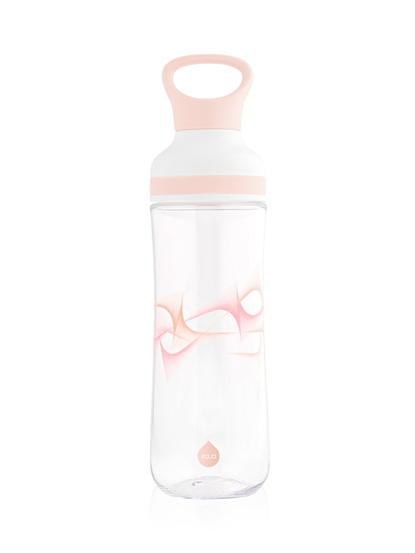 Transparente sportliche Trinkflasche mit pastellorangenem Grafik print. Hochwertiger Kunststoff BPA frei Eastman Tritan bruchsicher. Auslaufsicher. Mit Tragegriff oben. Leicht und vielseitig einsetzbar. Hergestellt in Österreich.