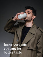 Der on the go coffee cup kommt mit einer Keramik Innenbeschichtung für bessere Geschmacksneutralität,