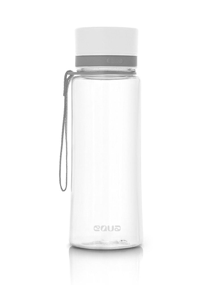 EQUA Trinkflasche aus BPA freiem hochwertigem Eastman Tritan Kunststoff - fasst 600ml - ohne Aufdruck - Deckel und Tragebändel - transparent mit weissem Deckel. Ideal auch zum bedrucken mit Ihrem Logo.