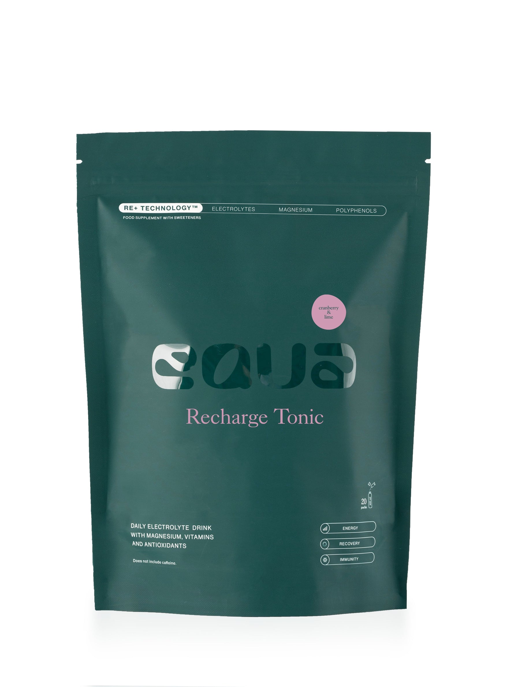 EQUA Recharge Tonic Cranberry Lime Produktverpackung und Portionsbeutel für zuckerfreies Elektrolyt-Pulver