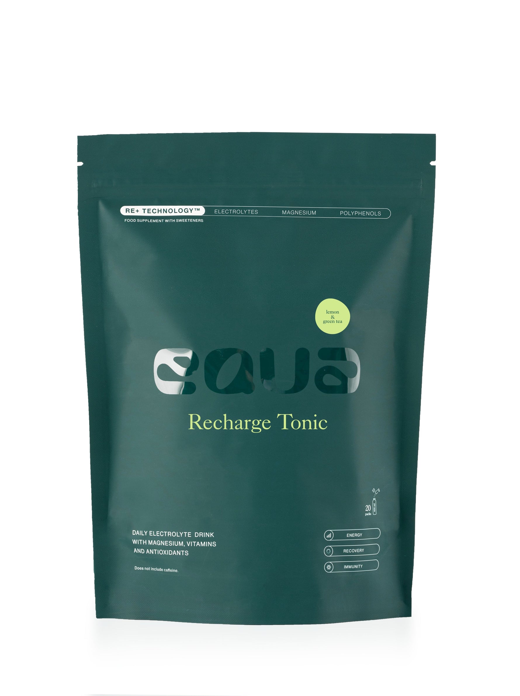 EQUA Recharge Tonic Lemon Green Tea Produktverpackung und Portionsbeutel für zuckerfreies Elektrolyt-Pulver