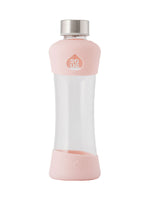EQUA Active White Glas Trinkflasche 550 ml mit Silikonschutz unten (schwarz) und oben (weiss).