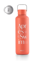 Thermos Trinkflasche aus hochwertigem doppelt vakuum isoliertem Edelstahl. Hält Getränke bis zu 24 Stunden kalt oder 12 Stunden heiss. In leuchtendem orange mit dem sommerlichen Aufdruck in weiss 'aprés swim'