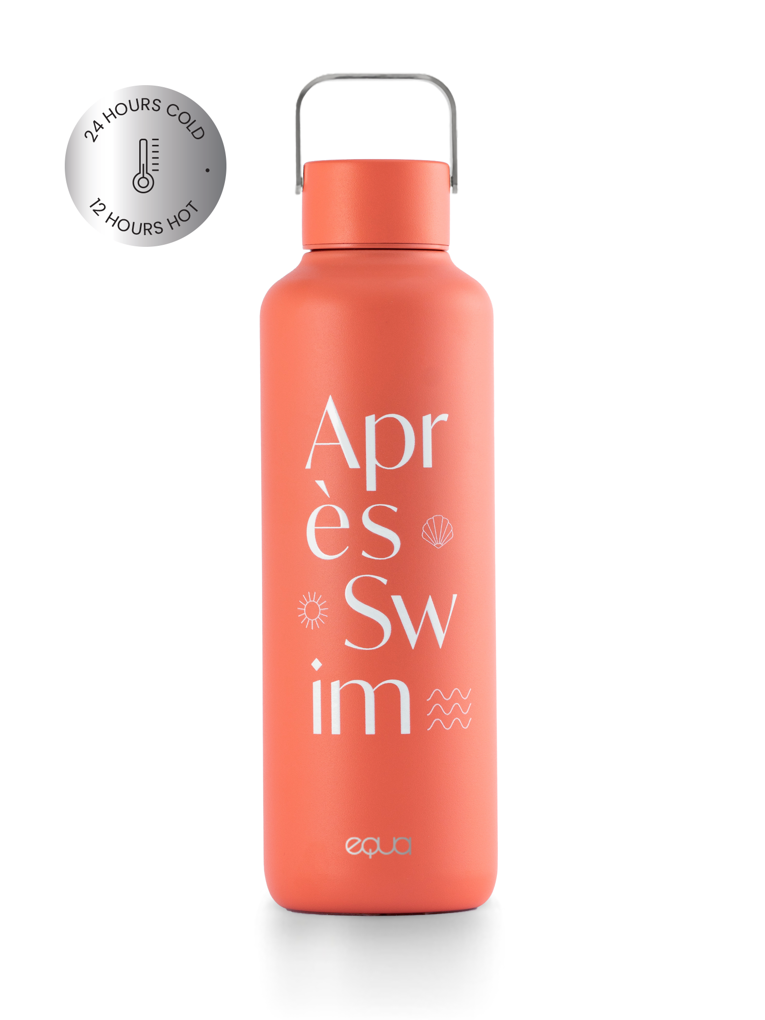 Thermos Trinkflasche aus hochwertigem doppelt vakuum isoliertem Edelstahl. Hält Getränke bis zu 24 Stunden kalt oder 12 Stunden heiss. In leuchtendem orange mit dem sommerlichen Aufdruck in weiss 'aprés swim'