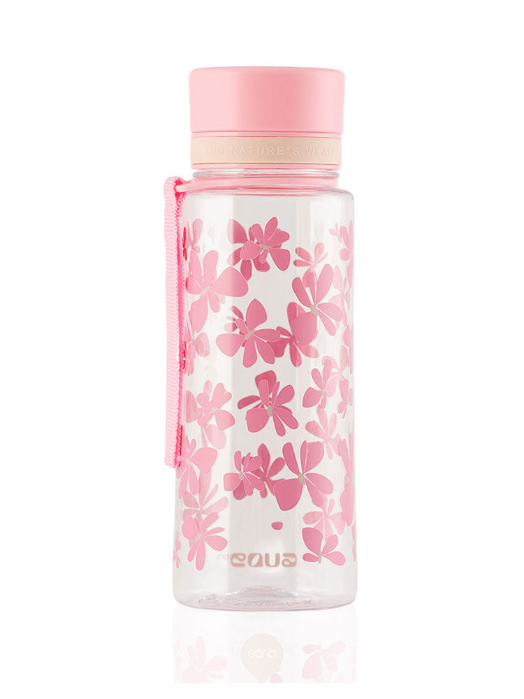 EQUA Trinkflasche aus BPA freiem hochwertigem Eastman Tritan Kunststoff - fasst 600ml - mit knalligen pinken Blumenmuster - Tinkflasche mit Trageband. Pflegeleicht. 