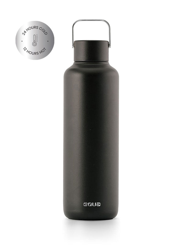 Thermos Trinkflasche aus hochwertigem doppelt vakuum isoliertem Edelstahl. Hält Getränke bis zu 24 Stunden kalt oder 12 Stunden heiss. Uni minimalistisch in der farbe dark grey (anthrazit).