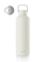 Thermos Trinkflasche aus hochwertigem doppelt vakuum isoliertem Edelstahl. Hält Getränke bis zu 24 Stunden kalt oder 12 Stunden heiss. Uni minimalistisch in der farbe off-white (weiss).
