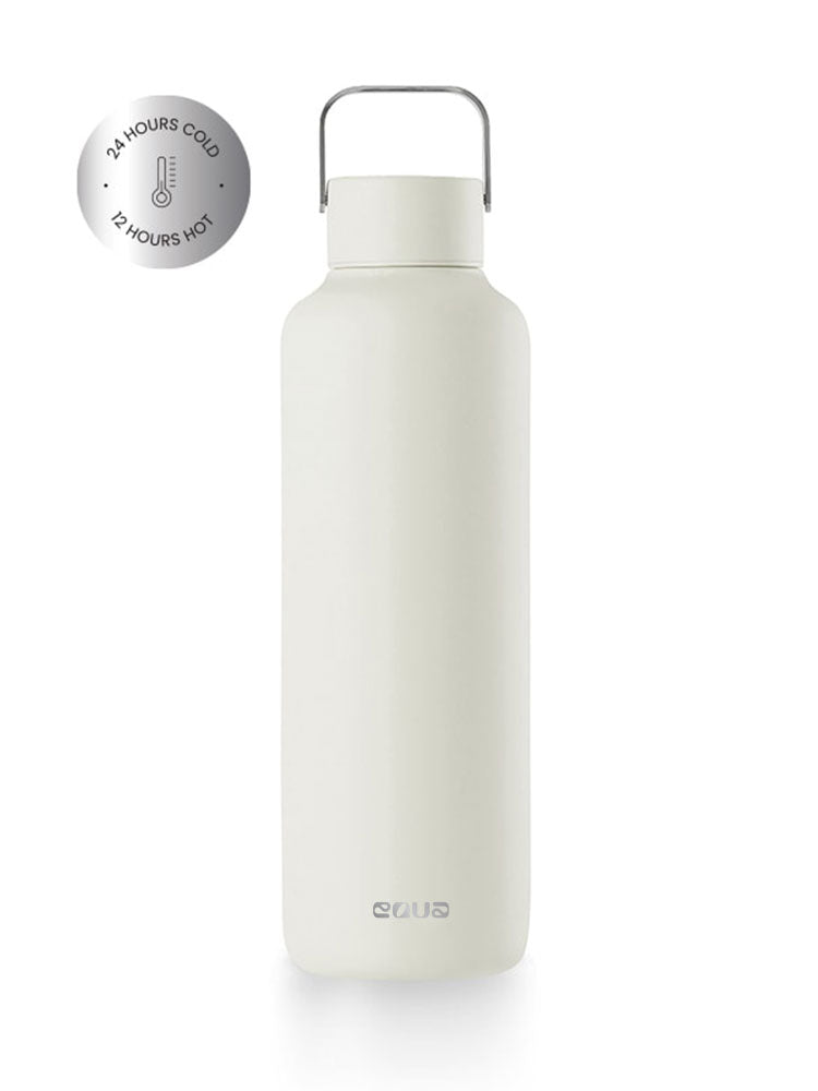 Thermos Trinkflasche aus hochwertigem doppelt vakuum isoliertem Edelstahl. Hält Getränke bis zu 24 Stunden kalt oder 12 Stunden heiss. Uni minimalistisch in der farbe off-white (weiss).