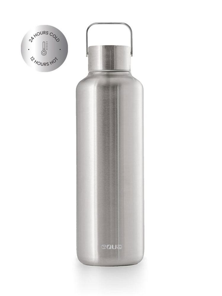 Thermos Trinkflasche aus hochwertigem doppelt vakuum isoliertem Edelstahl. Hält Getränke bis zu 24 Stunden kalt oder 12 Stunden heiss. Uni minimalistisch in der farbe steel (Silber matt).