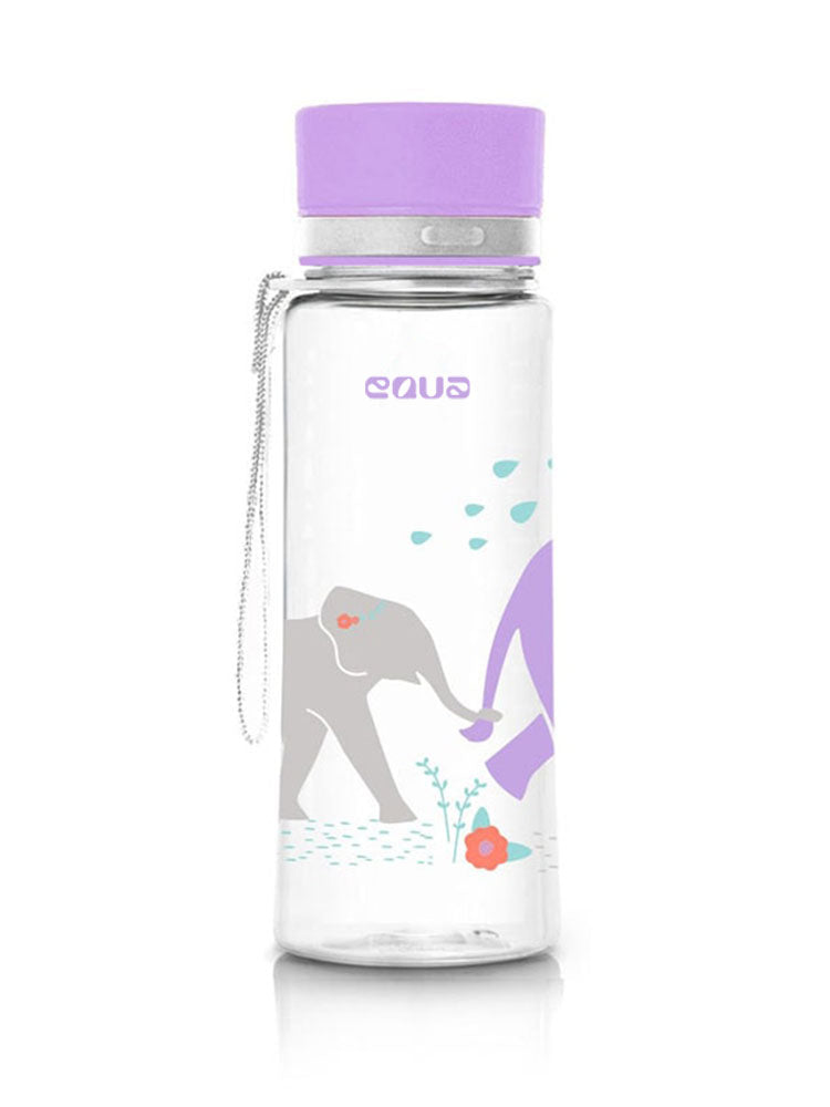 EQUA Trinkflasche aus BPA freiem hochwertigem Eastman Tritan Kunststoff - fasst 600ml - im Kinder Design mit Elephanten - mit Deckel und Bändel in lila, rosa und grau.