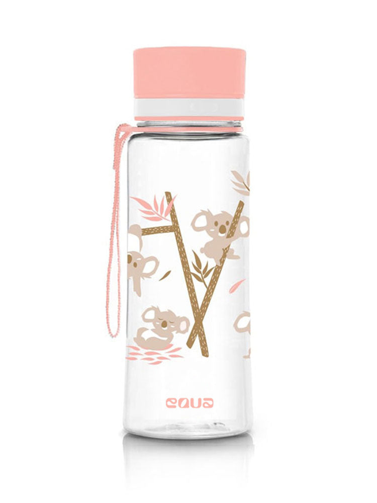EQUA Trinkflasche aus BPA freiem hochwertigem Eastman Tritan Kunststoff - fasst 600ml - mit süssem Quala Druck in rosa und grau - Tragebändel in rosa.