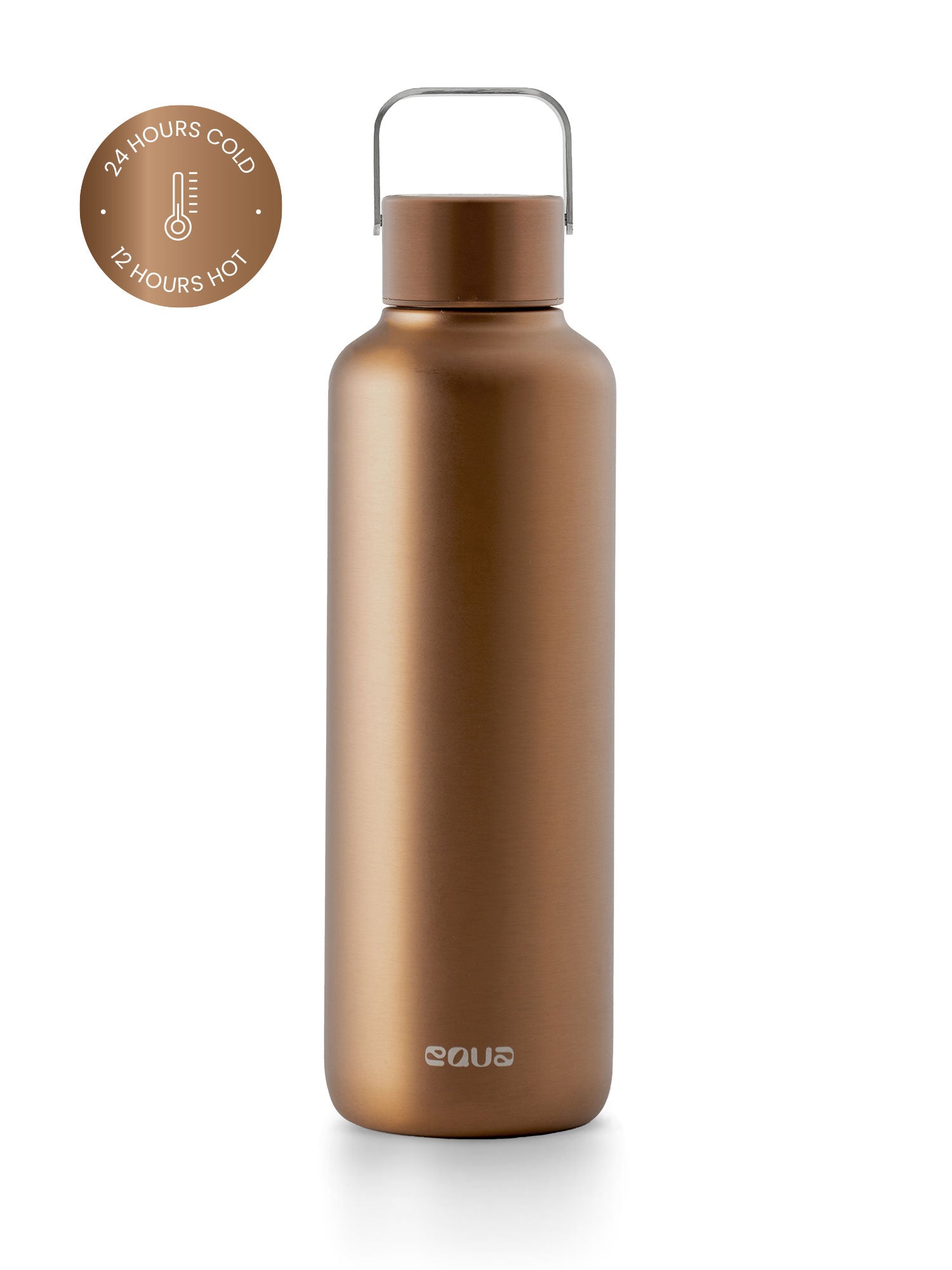 Thermos Trinkflasche aus hochwertigem doppelt vakuum isoliertem Edelstahl. Hält Getränke bis zu 24 Stunden kalt oder 12 Stunden heiss. Uni minimalistisch in der farbe bronze.