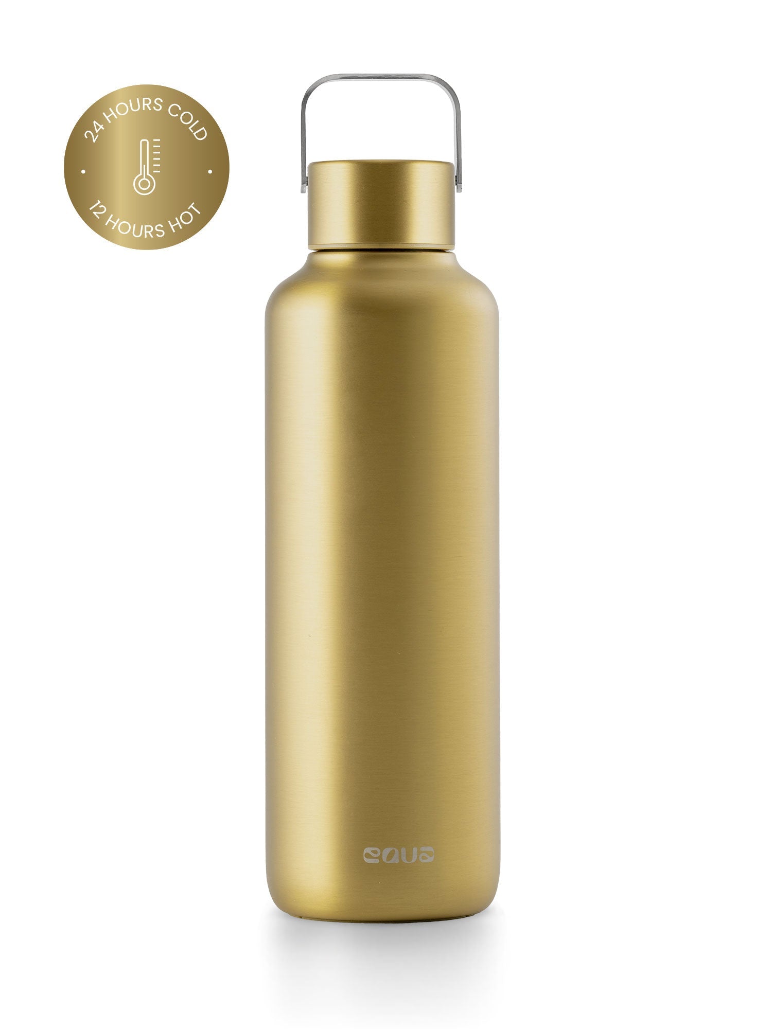 Thermos Trinkflasche aus hochwertigem doppelt vakuum isoliertem Edelstahl. Hält Getränke bis zu 24 Stunden kalt oder 12 Stunden heiss. Uni minimalistisch in der farbe Gold.