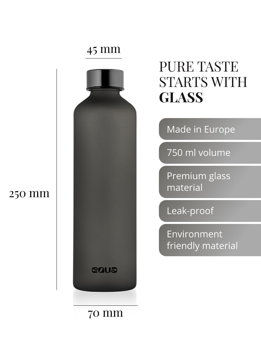 Purer unverfälschter Geschmack beginnt beim Material der Trinkflasche. Unsere Glastrinklaschen garantieren Geschmacksneutralität. Glasflasche produziert in Europa. 750ml Volumen. Hochwertiges premium Borosilikatglas - matt. Auslaufsicher. Nachhaltig.