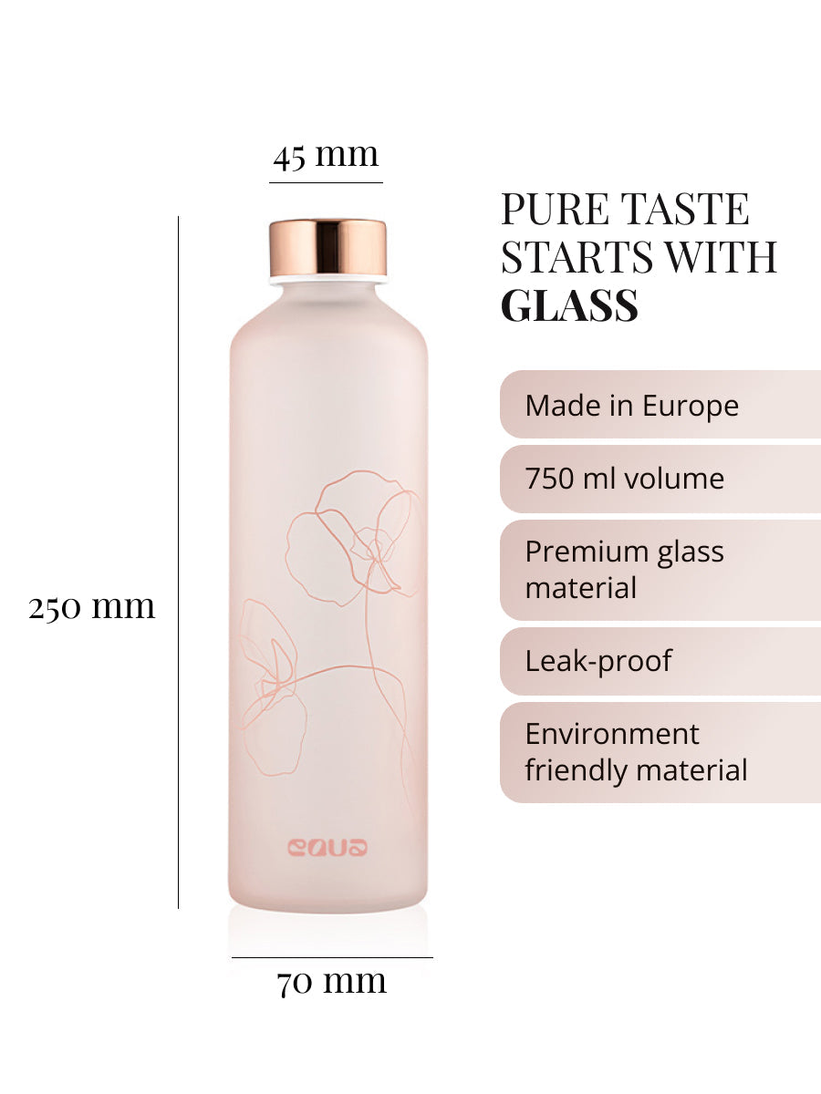 Purer unverfälschter Geschmack beginnt beim Material der Trinkflasche. Unsere Glastrinklaschen garantieren Geschmacksneutralität. Glasflasche produziert in Europa. 750ml Volumen. Hochwertiges premium Borosilikatglas - matt. Auslaufsicher. Nachhaltig.