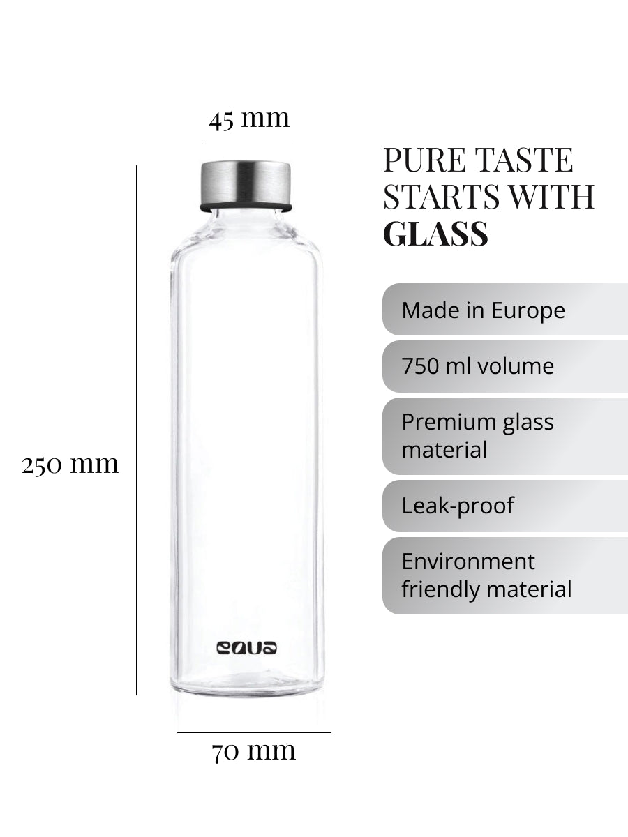 Purer unverfälschter Geschmack beginnt beim Material der Trinkflasche. Unsere Glastrinklaschen garantieren Geschmacksneutralität. Glasflasche produziert in Europa. 750ml Volumen. Hochwertiges premium Borosilikatglas. Auslaufsicher. Nachhaltig.