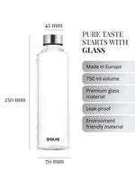 Purer unverfälschter Geschmack beginnt beim Material der Trinkflasche. Unsere Glastrinklaschen garantieren Geschmacksneutralität. Glasflasche produziert in Europa. 750ml Volumen. Hochwertiges premium Borosilikatglas - matt. Auslaufsicher. Nachhaltig.