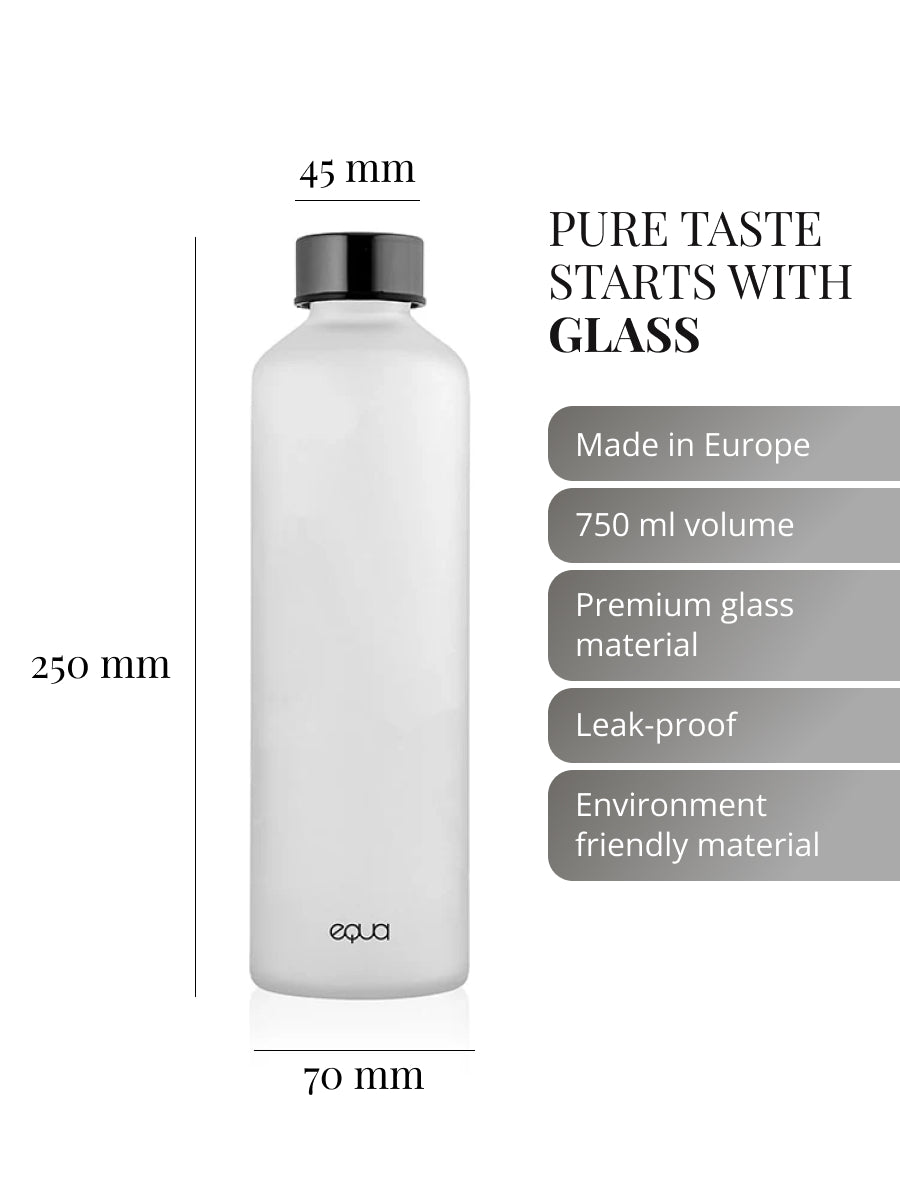 Purer unverfälschter Geschmack beginnt beim Material der Trinkflasche. Unsere Glastrinklaschen garantieren Geschmacksneutralität. Glasflasche produziert in Europa. 750ml Volumen. Hochwertiges premium Borosilikatglas - matt. Auslaufsicher. Nachhaltig.