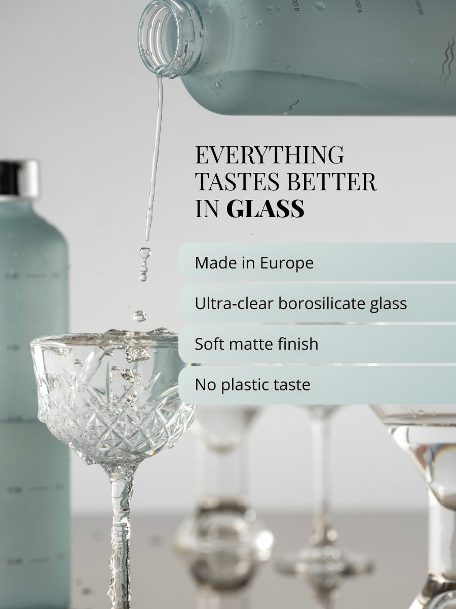 Wasserflasche aus hitzebeständigem Borosilikatglas mit bronzener Hülle als Schutz für unterwegs. Hergestellt in Europa. Geschmacksneutral - kein Plastikgeschmack - keine Edelstahlgeschmack.