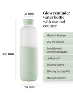 Trinkflasche Glow, 250mm hoch, 70mm Durchmesser, intelligente Trinkflasche mit integrierter leuchtenden Trinkerinnerung, made in EU, 750ml, sandgestrahltes Borosilikatglas, auslaufsicher, mit silikon Schutzhülle, 10 Tage Batterielaufzeit, Batterie aufladbar