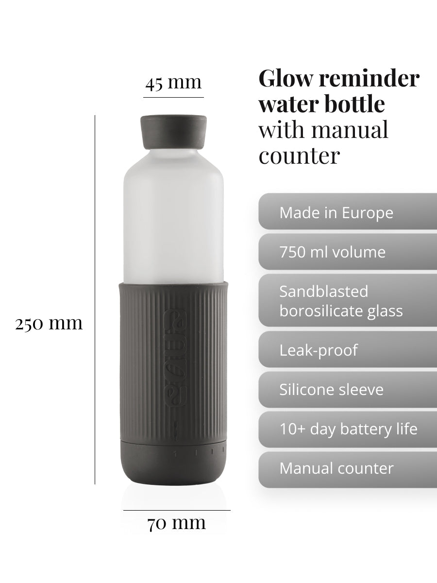 Trinkflasche Glow, 250mm hoch, 70mm Durchmesser, intelligente Trinkflasche mit integrierter leuchtenden Trinkerinnerung, made in EU, 750ml, sandgestrahltes Borosilikatglas, auslaufsicher, mit silikon Schutzhülle, 10 Tage Batterielaufzeit, Batterie aufladbar