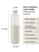 Trinkflasche Glow, 250mm hoch, 70mm Durchmesser, intelligente Trinkflasche mit integrierter leuchtenden Trinkerinnerung, made in EU, 750ml, sandgestrahltes Borosilikatglas, auslaufsicher, mit silikon Schutzhülle, 10 Tage Batterielaufzeit, Batterie aufladbar