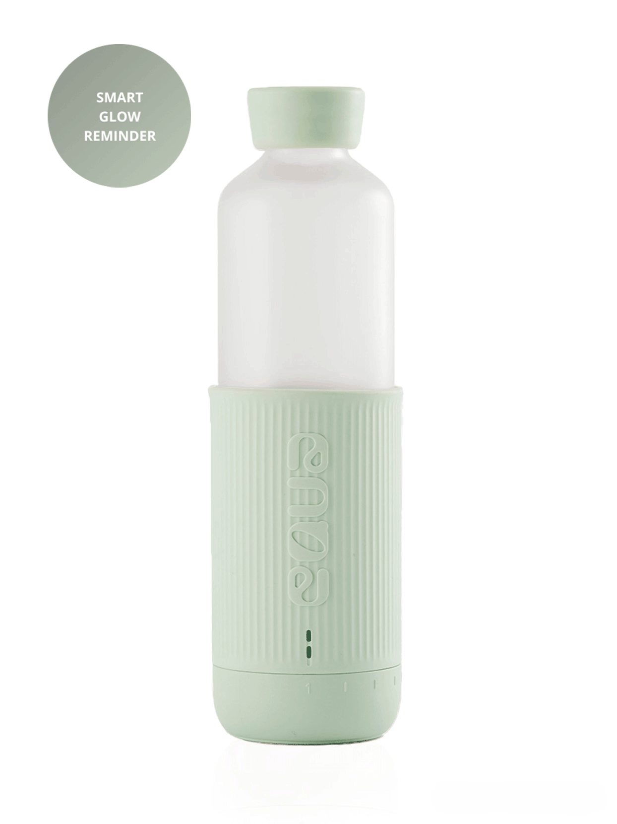 Trinkflasche mit Trinkreminder, damit Sie nie zu wenig trinken. Die Glow bottle hat einen Tracker und erinnert sie mit einem integrierten leuchten ans Trinken, wenn Sie es vergessen. Aus Borosilikatglast, hergestellt in der EU. Mattes Glas, mintfarbene Silikonhülle.