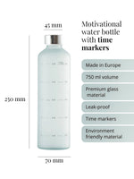 Purer unverfälschter Geschmack beginnt beim Material der Trinkflasche. Unsere Glastrinklaschen garantieren Geschmacksneutralität. Glasflasche produziert in Europa. 750ml Volumen. Hochwertiges premium Borosilikatglas - matt helles semitransparentes azurblau Mit Zeitmarkierung als Hydration tracker. Auslaufsicher. Nachhaltig.