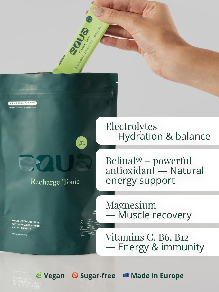 EQUA Recharge Tonic Lemon Green Tea Vorteile: Zuckerfrei, schnelle Hydratation, natürliche Energie und 1 kcal pro Portion