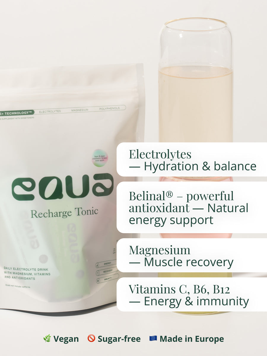 EQUA Recharge Tonic Mix Box Vorteile: Verschiedene Sorten, zuckerfrei, schnelle Hydratation und 1 kcal pro Portion