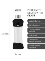 Purer Geschmack beginnt mit Glas. Trinkflasche aus hochwertigem Borosilikatglas, hergestellt in der EU. Fasst 550ml. Auslaufsicher. Langlebige und nachhaltige Materialien. Einzigartige ergonomische Form der Trinkflasche.