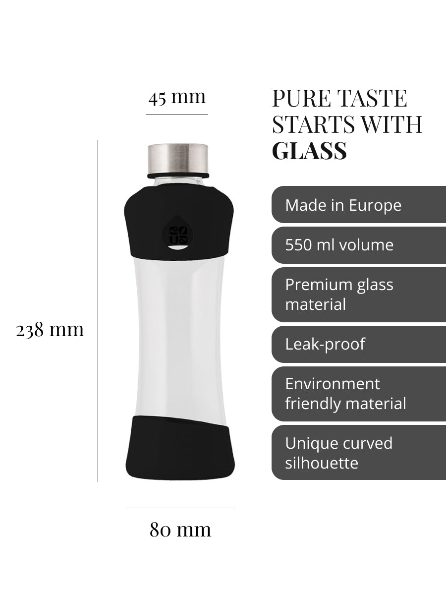 Purer Geschmack beginnt mit Glas. Trinkflasche aus hochwertigem Borosilikatglas, hergestellt in der EU. Fasst 550ml. Auslaufsicher. Langlebige und nachhaltige Materialien. Einzigartige ergonomische Form der Trinkflasche.