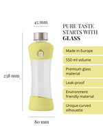 Purer Geschmack beginnt mit Glas. Trinkflasche aus hochwertigem Borosilikatglas, hergestellt in der EU. Fasst 550ml. Auslaufsicher. Langlebige und nachhaltige Materialien. Einzigartige ergonomische Form der Trinkflasche.