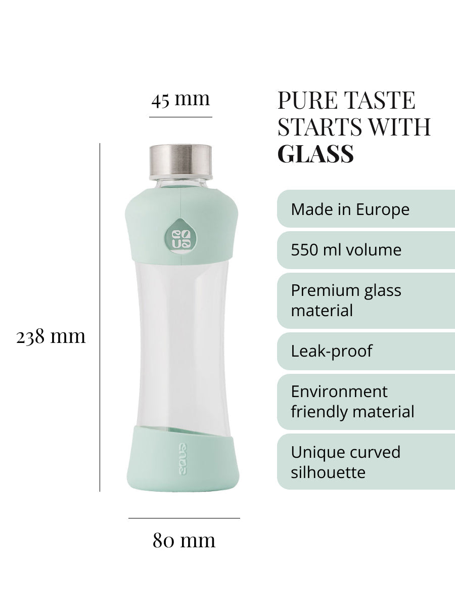 Purer Geschmack beginnt mit Glas. Trinkflasche aus hochwertigem Borosilikatglas, hergestellt in der EU. Fasst 550ml. Auslaufsicher. Langlebige und nachhaltige Materialien. Einzigartige ergonomische Form der Trinkflasche.