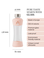 Purer Geschmack beginnt mit glas. Trinkflasche aus hochwertigem Borosilikatglas, hergestellt in der EU. Fasst 550ml. Auslaufsicher. Langlebige und nachhaltige Materialien. Einzigartige ergonomische Form der Trinkflasche.