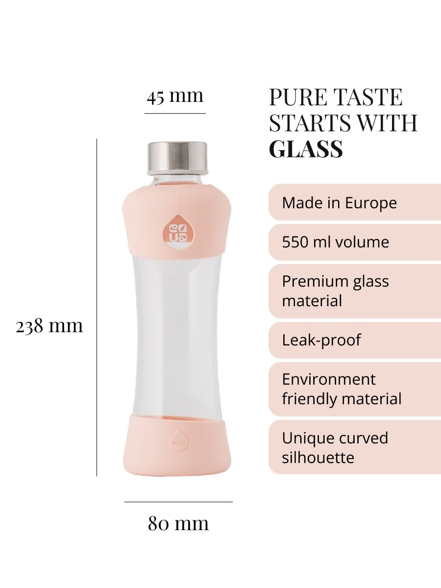 Purer Geschmack beginnt mit glas. Trinkflasche aus hochwertigem Borosilikatglas, hergestellt in der EU. Fasst 550ml. Auslaufsicher. Langlebige und nachhaltige Materialien. Einzigartige ergonomische Form der Trinkflasche.